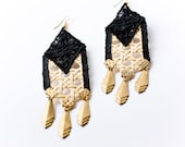 Lace and wood earrings - Thonet - Black with rattan & brass