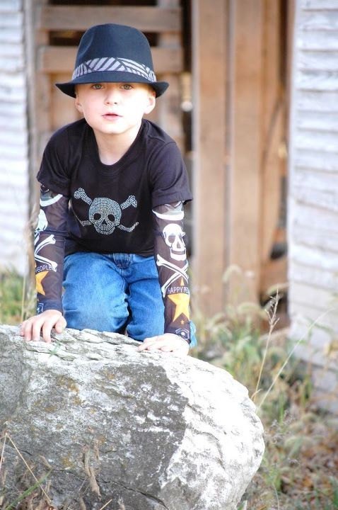 Boys Pirate tattoo sleeve tshirt with rhinestone pirate applique