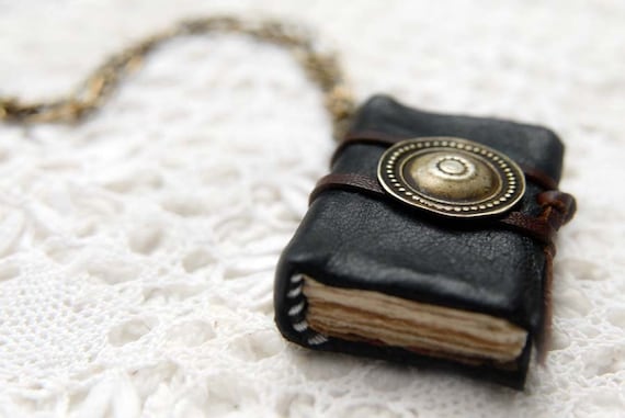 Turkoman - Mini Black Leather Wearable Book with Vintage Metal Button