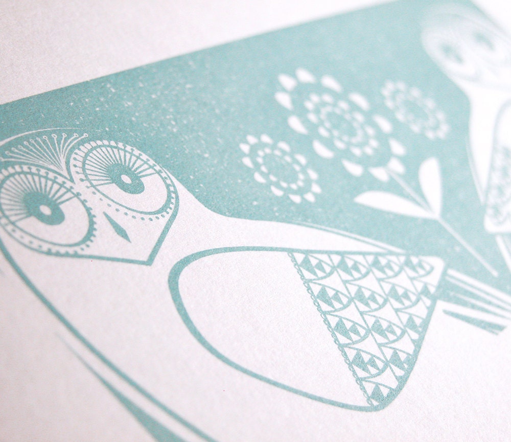Snowy Owls In Midwinter Blue - Hand Pulled, Signed, Gocco Print