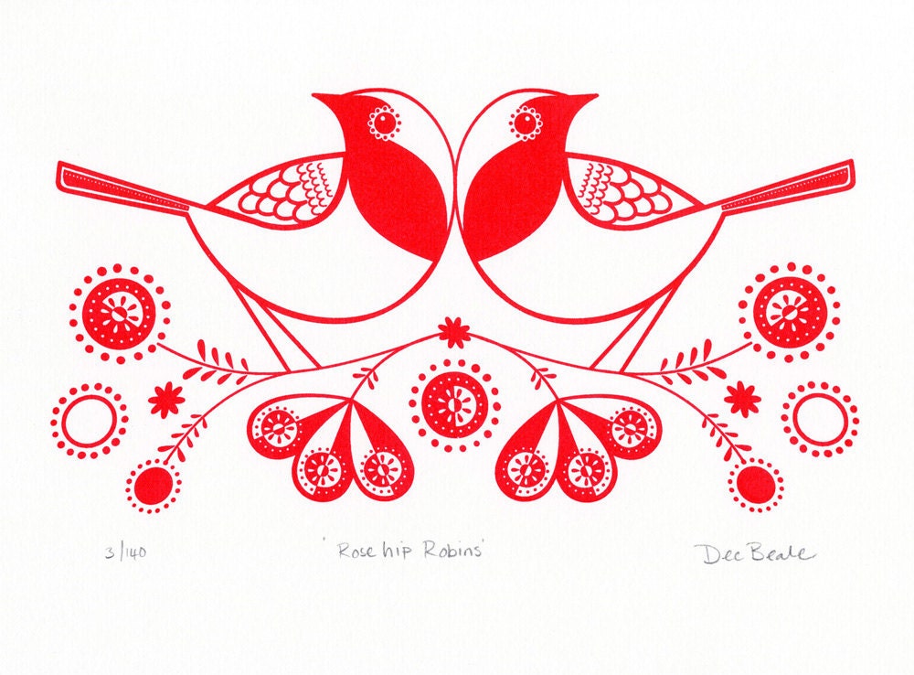 Rose Hip Robins - Hand Pulled, Signed, Gocco Screen Print