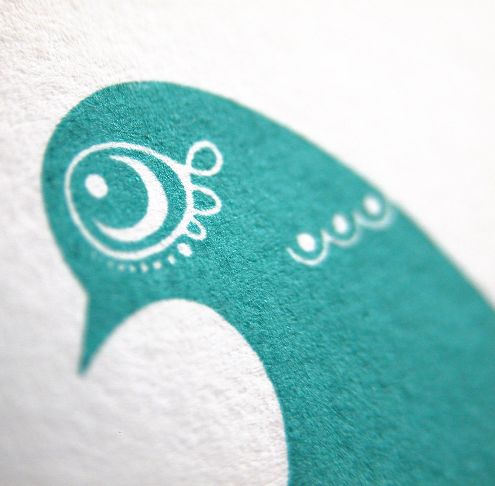Winter Doves in Dark Teal - Hand Pulled, Gocco Screen Print
