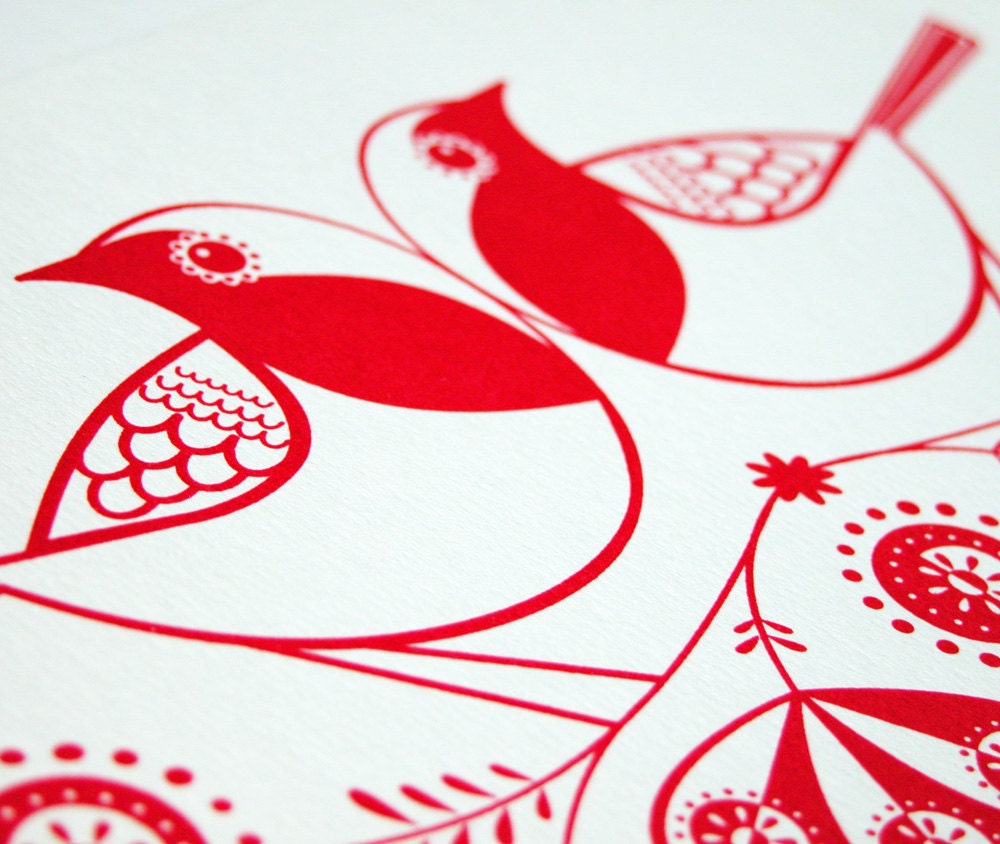 Rose Hip Robins - Hand Pulled, Signed, Gocco Screen Print