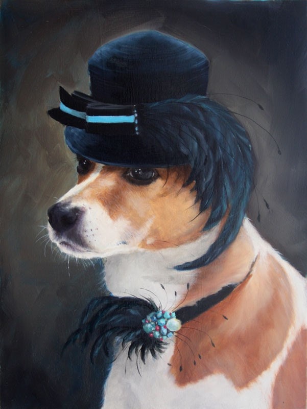 Jack Russell Terrier in Fancy Black Hat and Collar, Feathers, Gemstone Brooch Original Oil Painting by Clair Hartmann