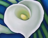 SALE White, Yellow, Green Stems, Deep Blue Background O'keefe Style Calalily, Original Oil Painting by Clair Hartmann