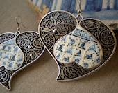 Portugal Lisbon Delft Blue Antique Tile Replica 1837 in Large  Filigree Heart of Minho Earrings