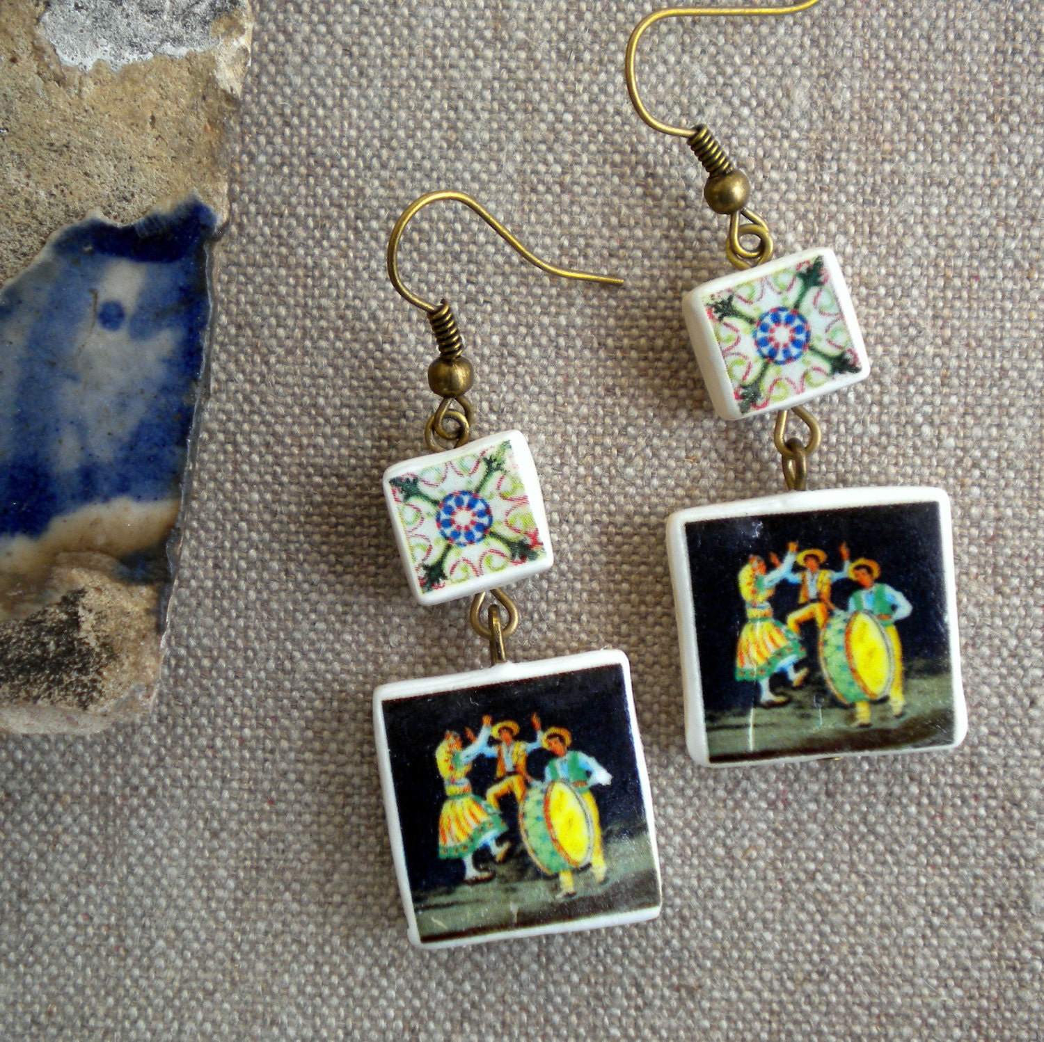 Portugal  Antique Tile Replica Earrings,  Ilhavo, Folk Dancing - waterproof and reversible