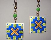 Portugal  Antique Tile Replica Earrings,  Blue and Brown - waterproof and reversible
