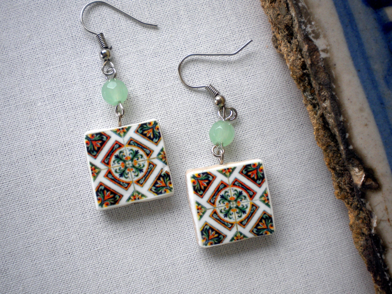 Portugal  Antique Tile Replica Earrings,  ILHAVO,  Green and Orange - waterproof and reversible