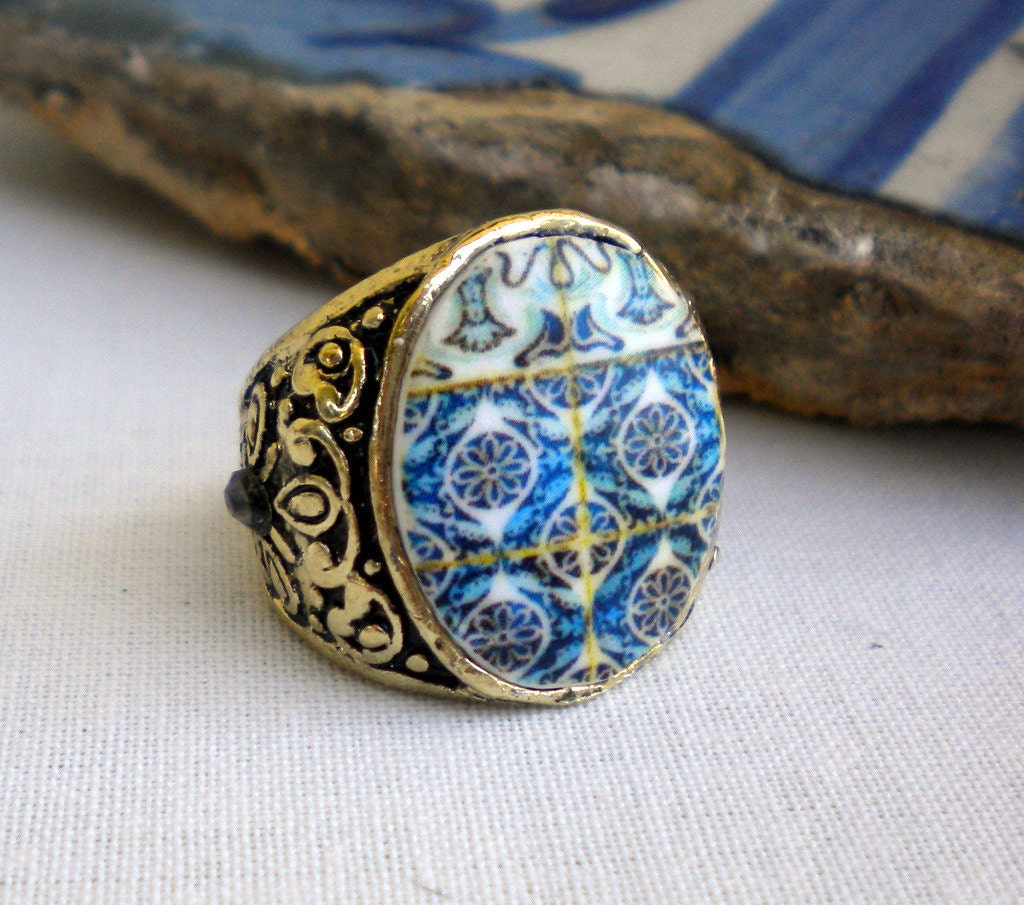 Portugal  Antique Tile Replica Ring,  Ilhavo, BLUE size M