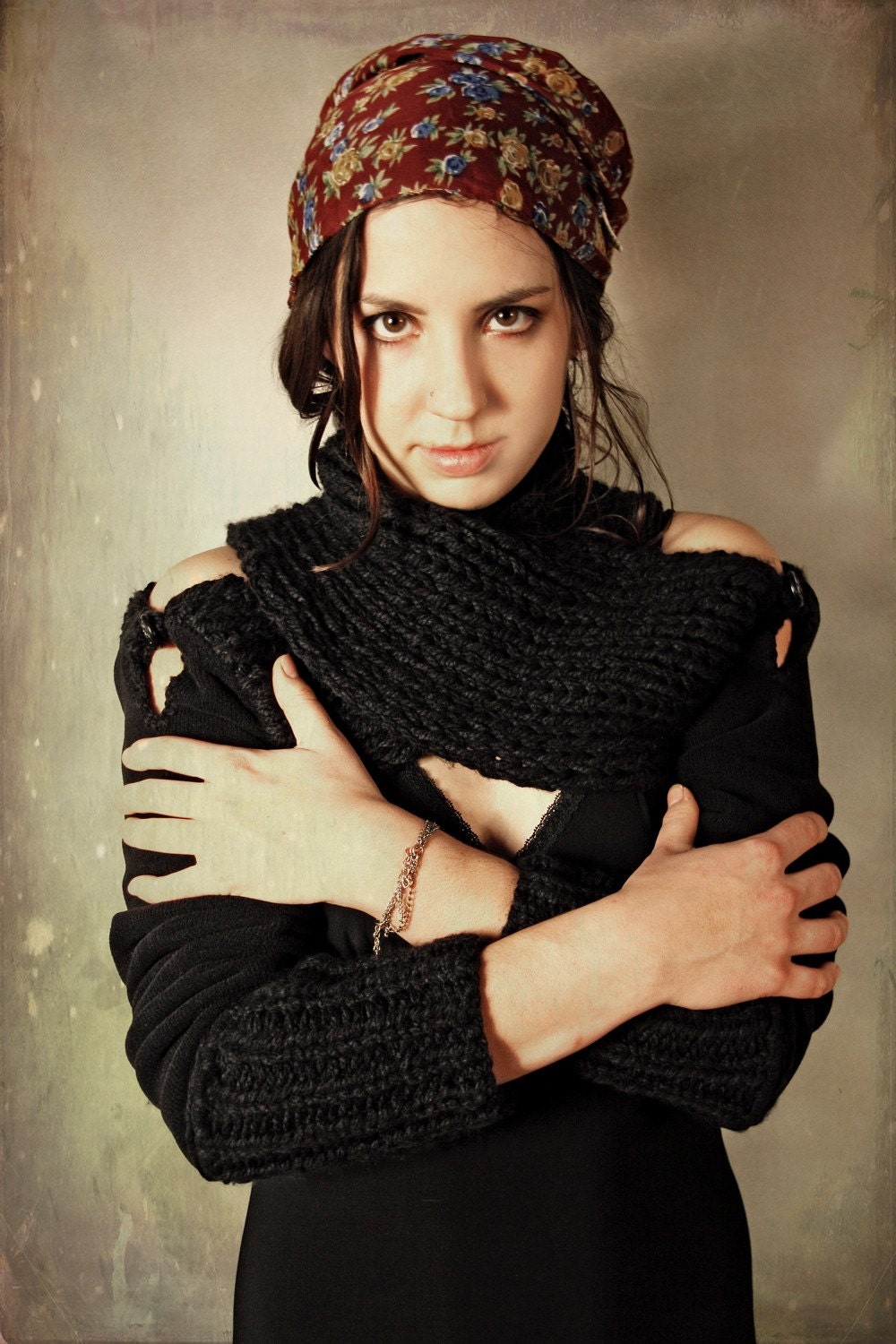 Chunky Hand Knit Black Double Cross Shrug