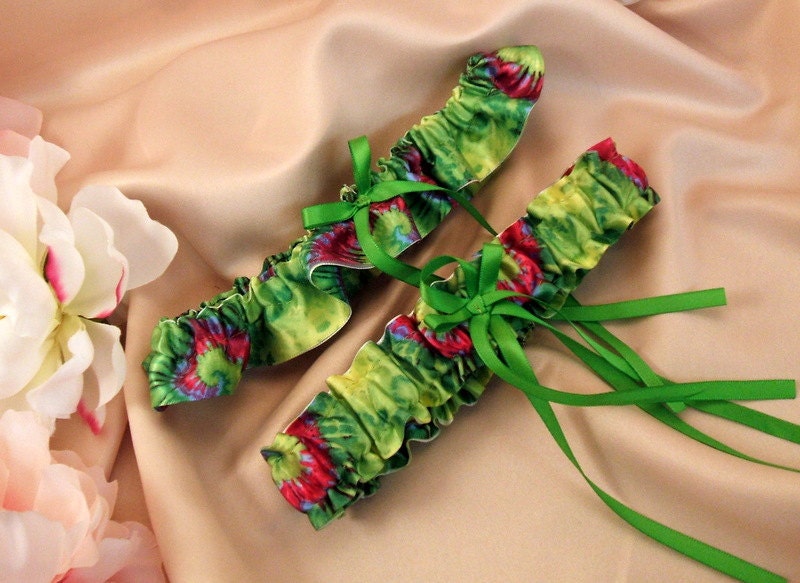 Tye Dye Hippie Hot Pink and Green Bridal Garter Set..You Choose the Bow Colors