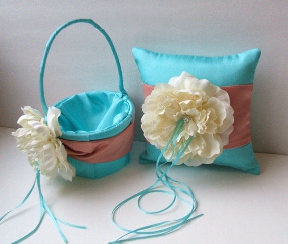 Romantic Peony Bloom Ring Bearer Pillow and Flower Girl Basket Set in turquoise/coral/ivory with Crystal Rhinestone Accents..
