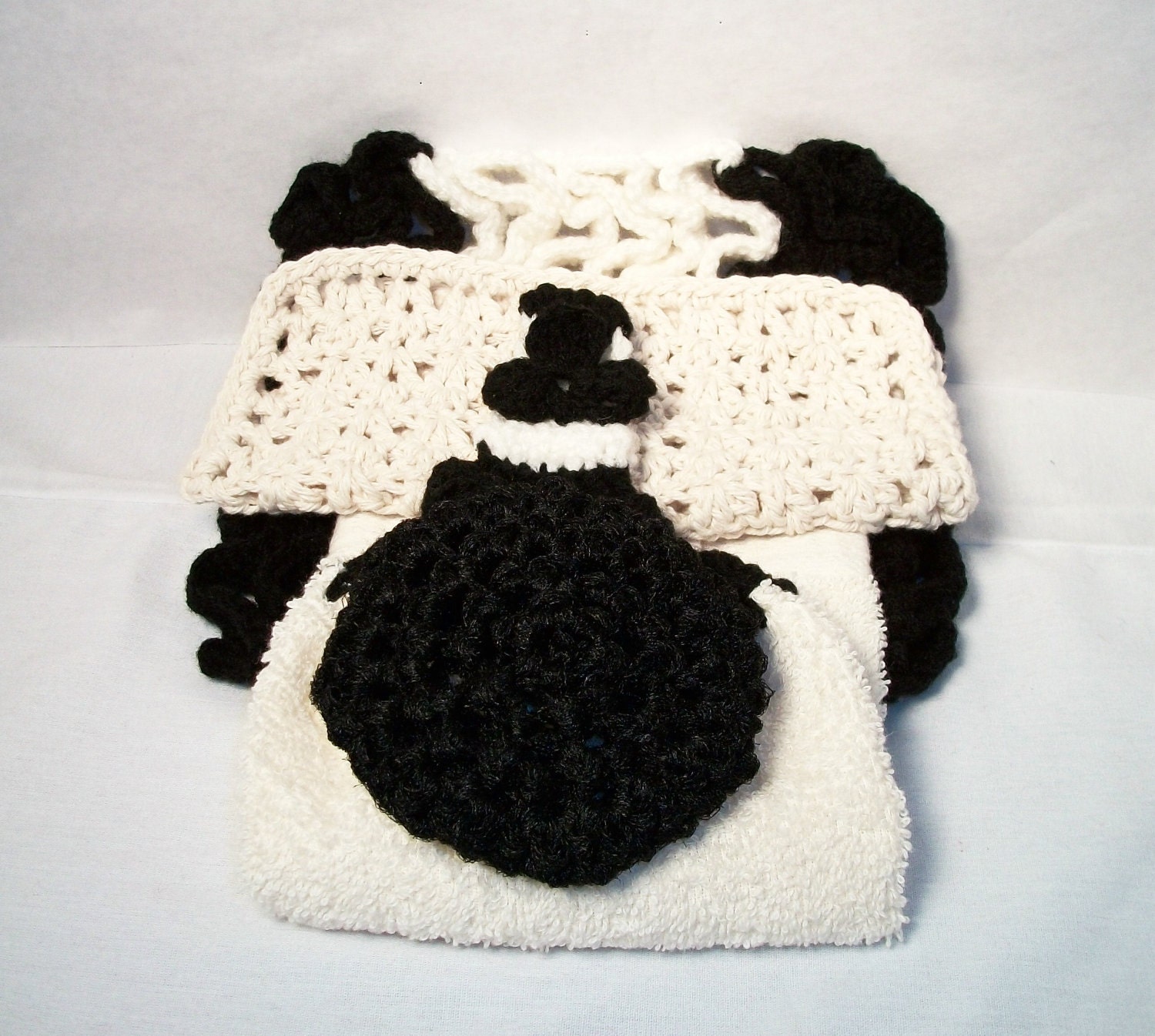 Kitchen Set. Handmade, pot scrubber, towel, dish cloth, hot pad, durable, scratch free, cleaning aids, autumn, black. Great 4 piece gift.