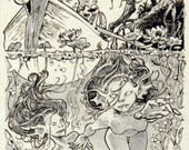 Untitled BW Water Nymphs Drawing Illustration Canvas Cloth Print 4 X 6 Spooky