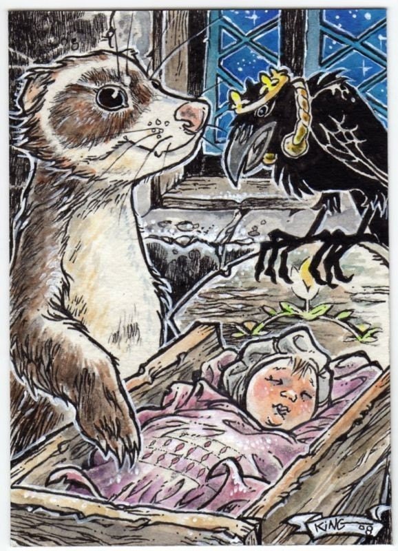 Magical Lullabies ATC ACEO Canvas Print Art Ferret Baby Child Crow by Kevin King