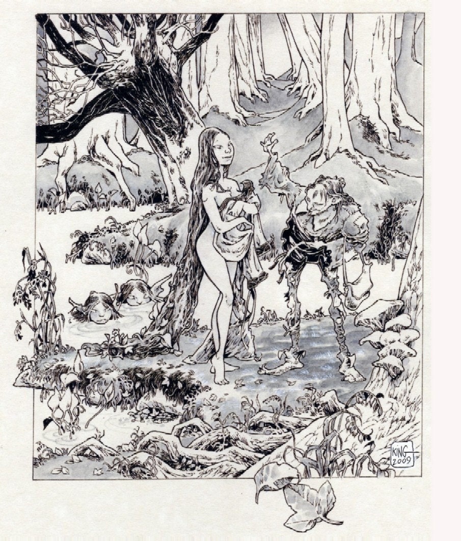 The Button Peddler and the Water Nymphs BW Art 8 X 10 Fantasy Nymph Canvas Cloth Print