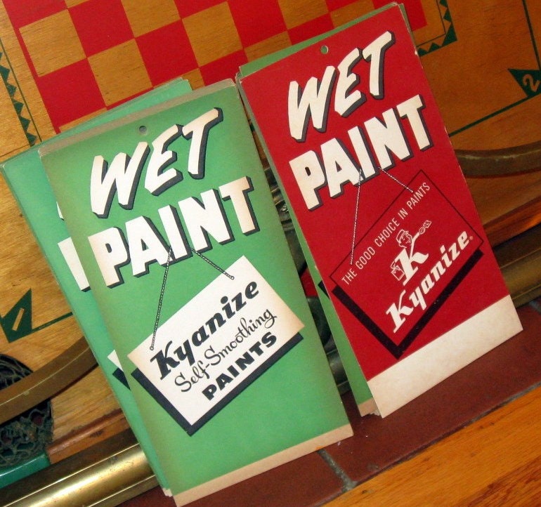 Vintage Paper Ephemera Red and Green Wet Paint Signs