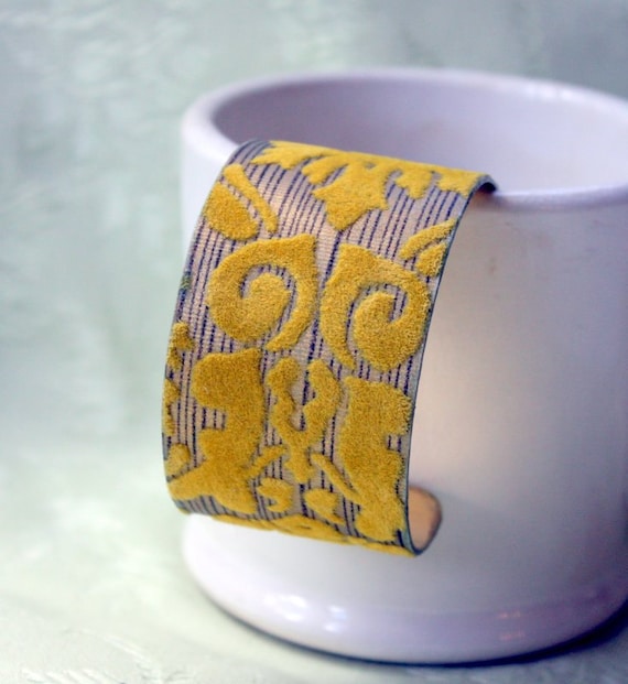 Gold Foil and Flocked Vintage Wallpaper Cuff Bracelet