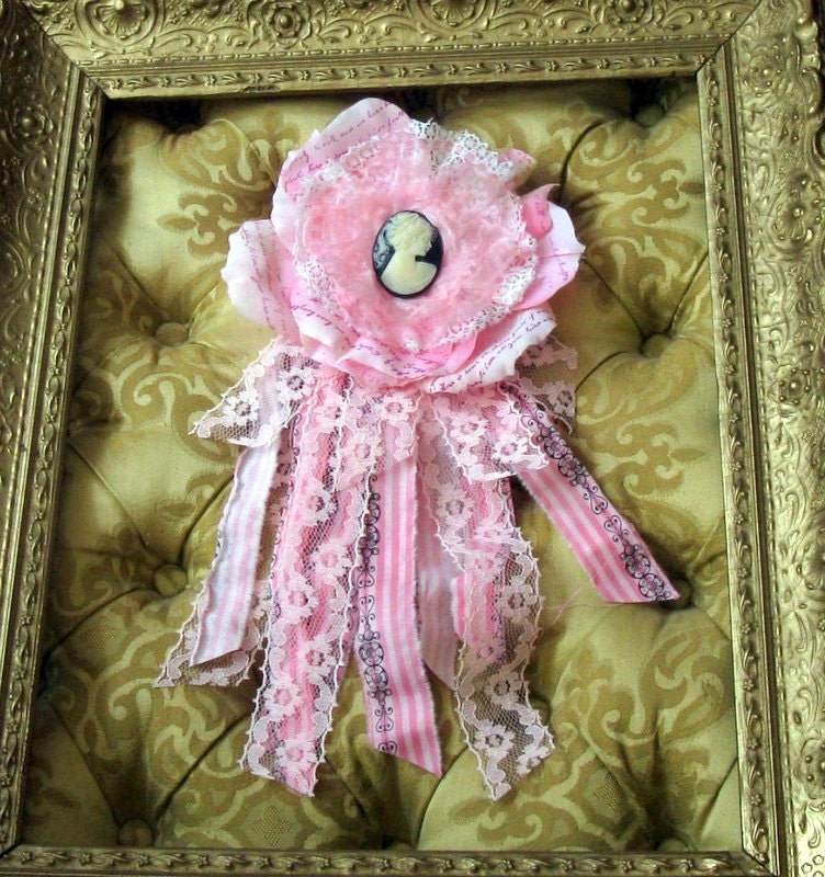 Pink Rosette Corsage Brooch with Cameo Center