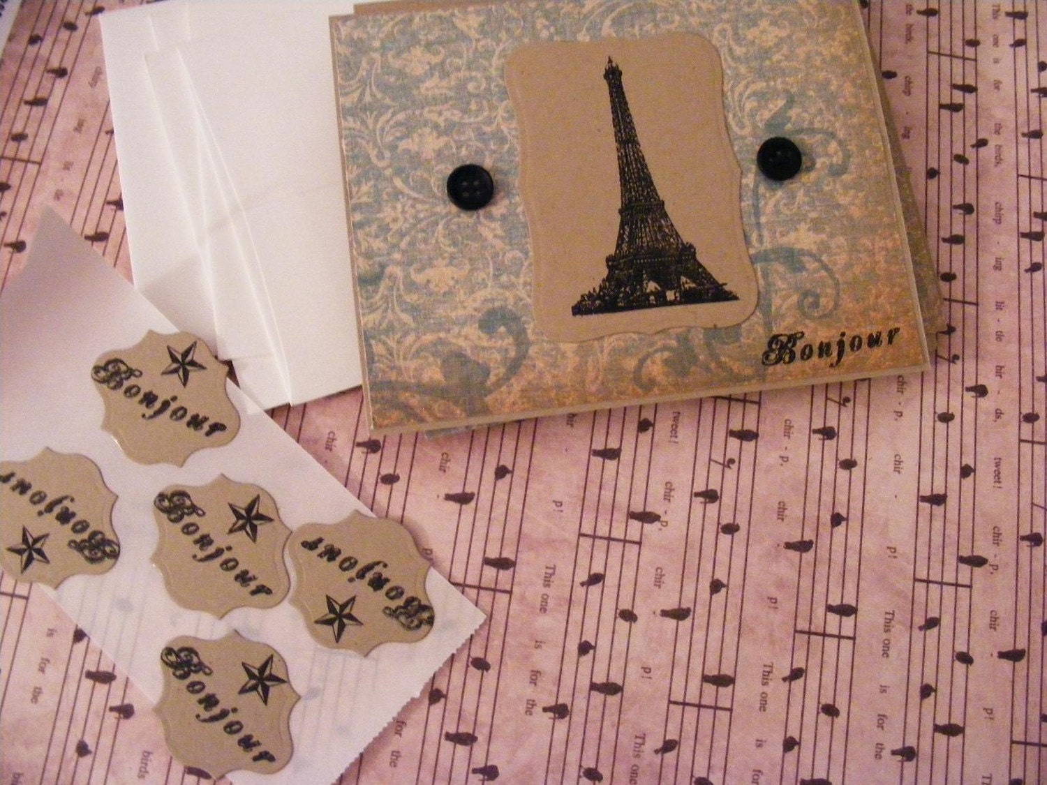 Set of 5 Eiffel Tower Bonjour All Occasion Handmade Greeting Cards Stamped w Envelopes Stickers Vintage Look From serendipitycrafting