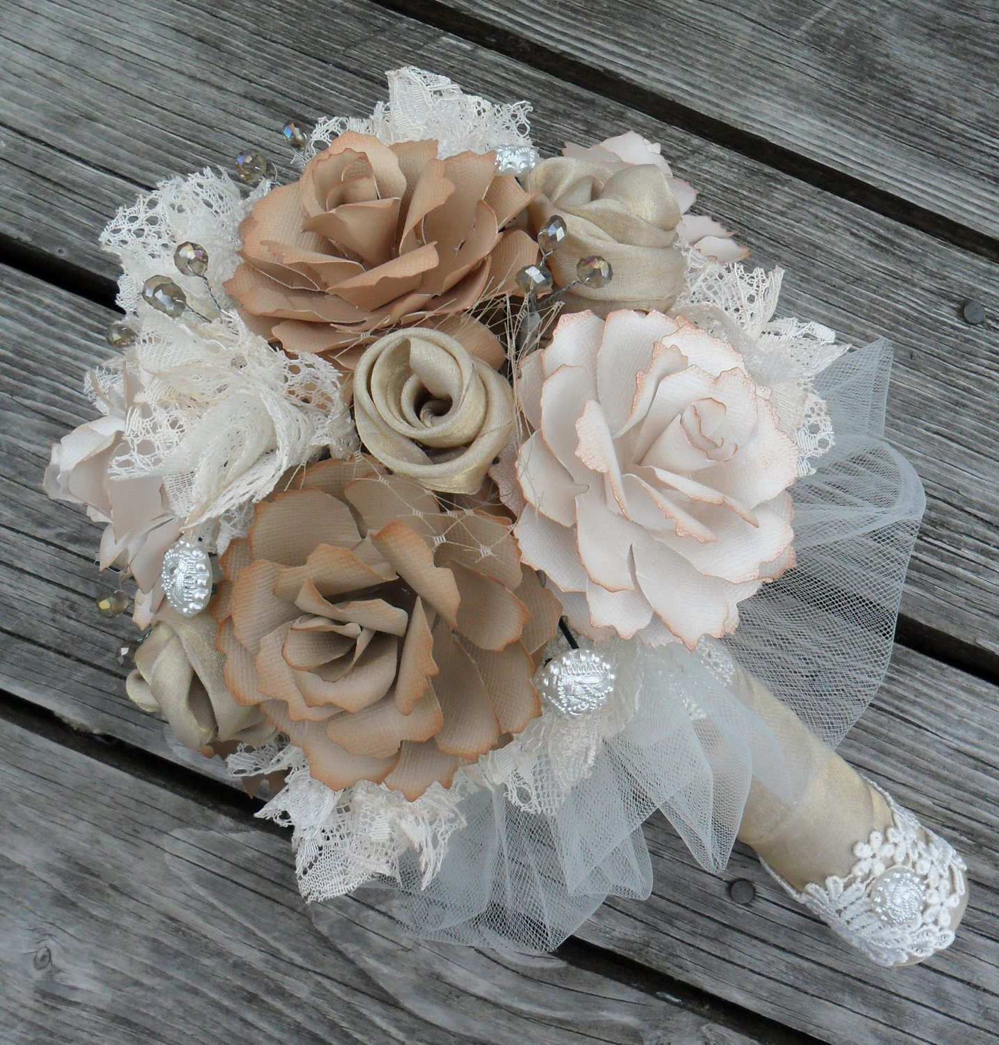 VINTAGE ELEGANCE Bouquet - A Beautiful vintage/antique inspired bouquet with lace, 1950's buttons and crystals.