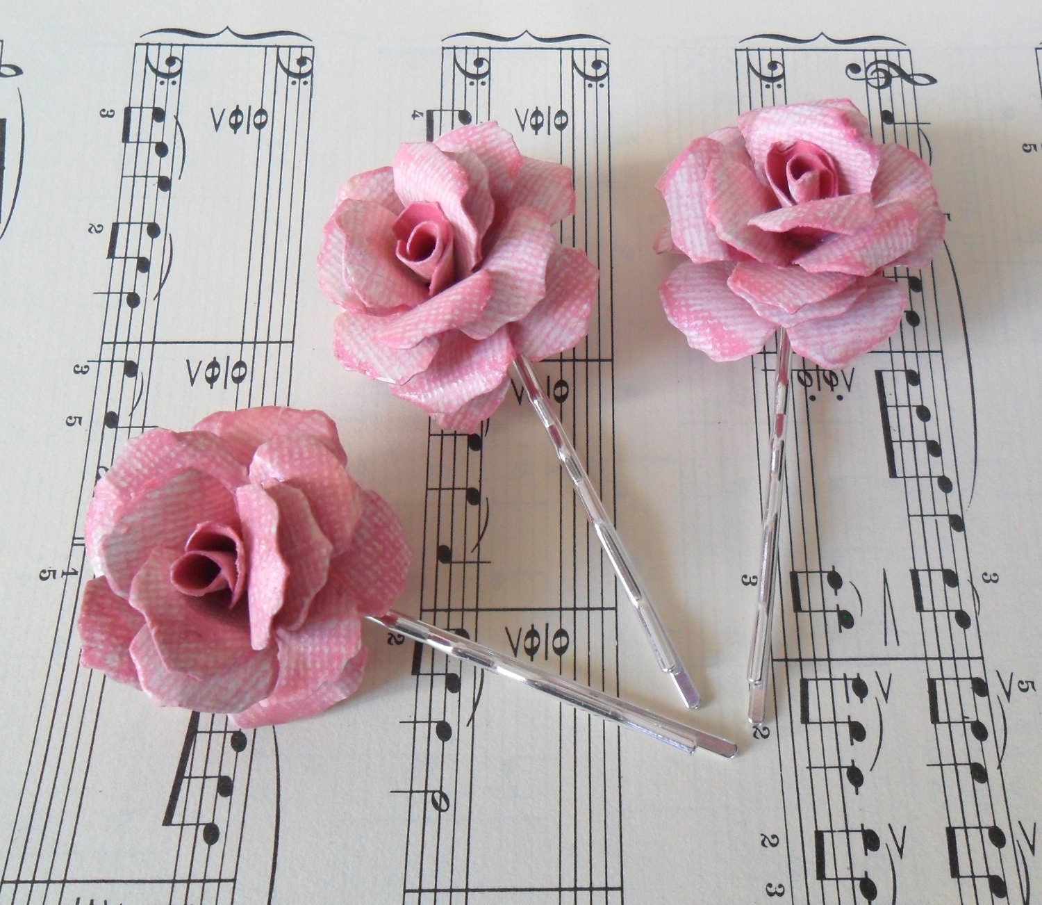 NEW - shabby chic/vintage style hair pins with handmade flowers - set of 3 - can be made in any colour