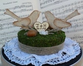 NEW - Rustic - vintage chic -  love bird cake topper made in burlap with monogrammed heart and vintage button.