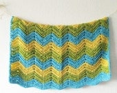 Crochet Baby Blanket  - Crocheted Baby Blanket - Teal Blue, Green and Yellow