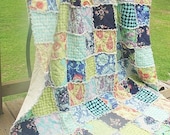 Full Size Quilt, Rag, Love in Soul, navy blue green, ALL NATURAL, fresh modern handmade, READY to ship