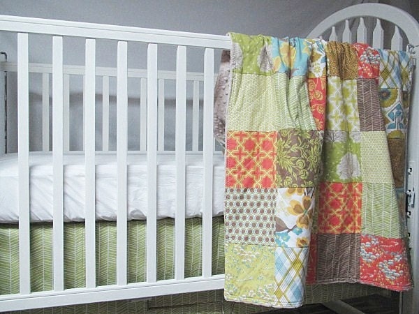 Baby Bedding, 2-piece, Minky Dot crib quilt, and skirt, Modern Meadow in Sunglow, fresh modern handmade, PLUSH for baby