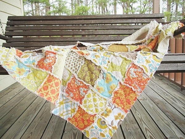 Rag Quilt Throw, Large, Modern Meadow in sunglow, ALL NATURAL, fresh modern handmade