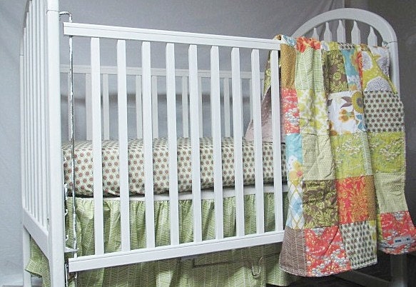 Baby Bedding, 3-piece, Minky Dot crib quilt, ruffled skirt and fitted sheet, Modern Meadow in Sunglow, fresh modern handmade, PLUSH for baby