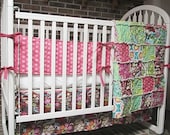 Baby Crib Bedding, rag quilt, bumper and skirt, Soul Blossoms in joy, pink green, ALL NATURAL, fresh modern handmade nursery decor