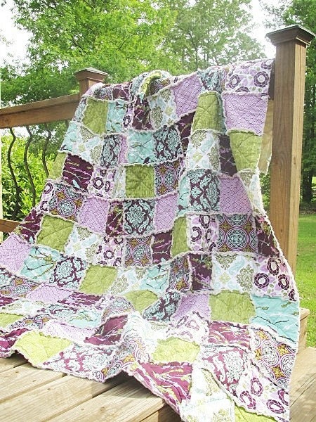 Queen Size Quilt, Rag, Aviary 2 in lilac, purple green turquoise, ALL NATURAL, fresh modern handmade bedding