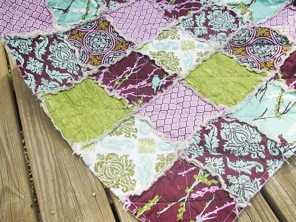 Queen Size Quilt, Rag, Aviary 2 in lilac, purple green turquoise, ALL NATURAL, fresh modern handmade bedding