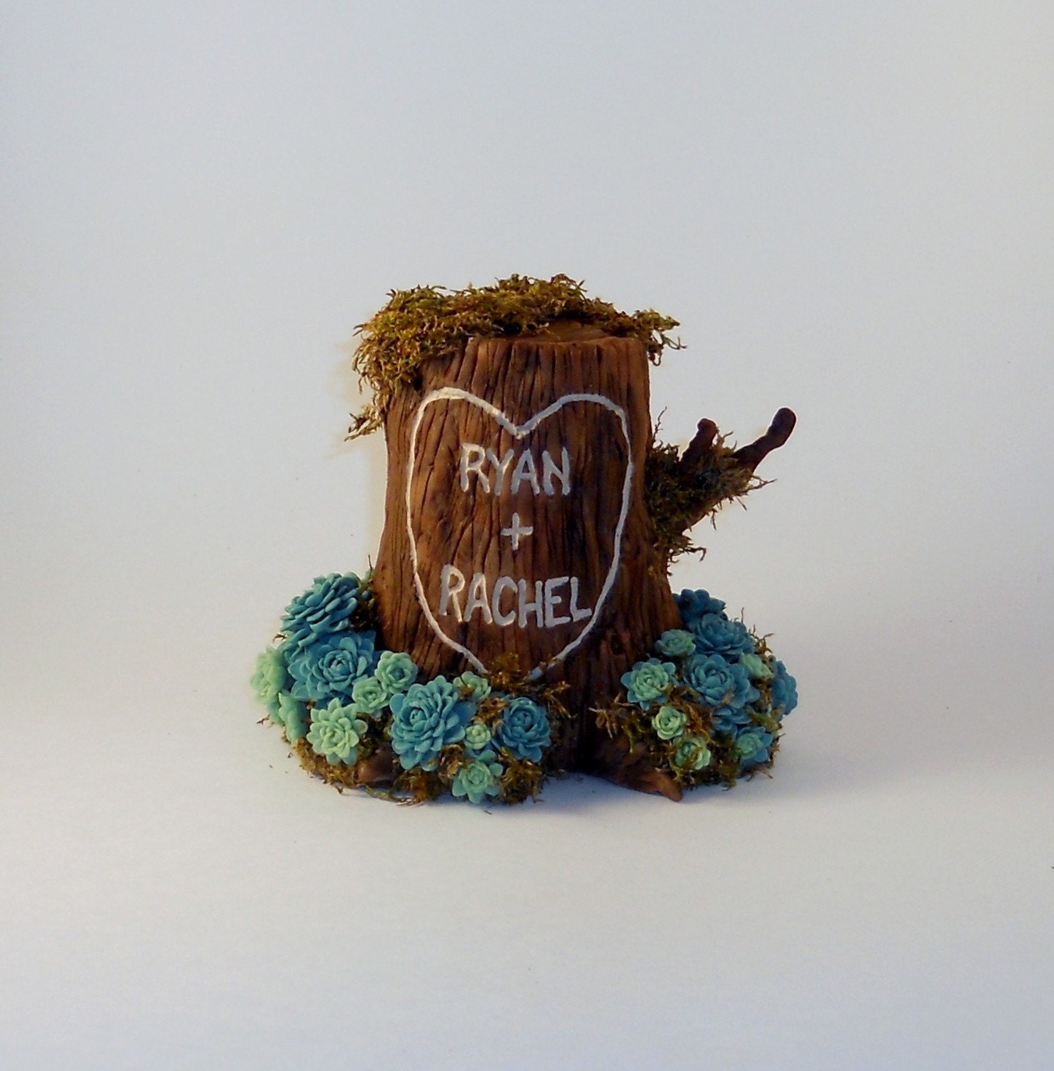 Medium Custom Wedding Cake Topper Tree Stump Keepsake Sculpture Example - Hens and Chicks - Ryan and Rachel