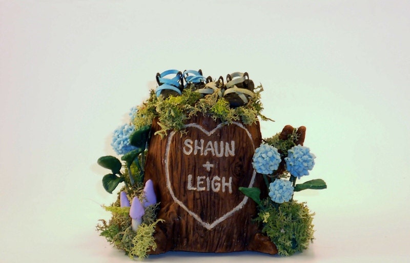 Small Custom Wedding Cake Topper Tree Stump Sculpture Keepsake Example - Hiking Sandals and Hydrangeas - Shawn and Leigh