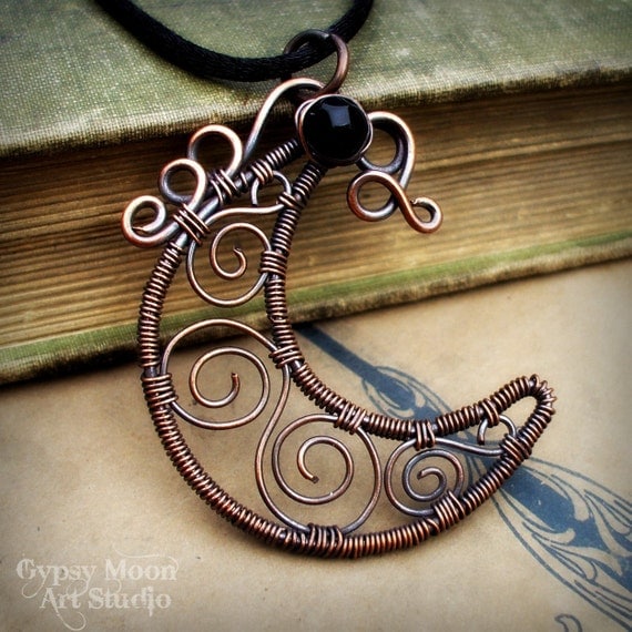 Moon Necklace- Copper  Wire Wrapped Crescent Moon Jewelry