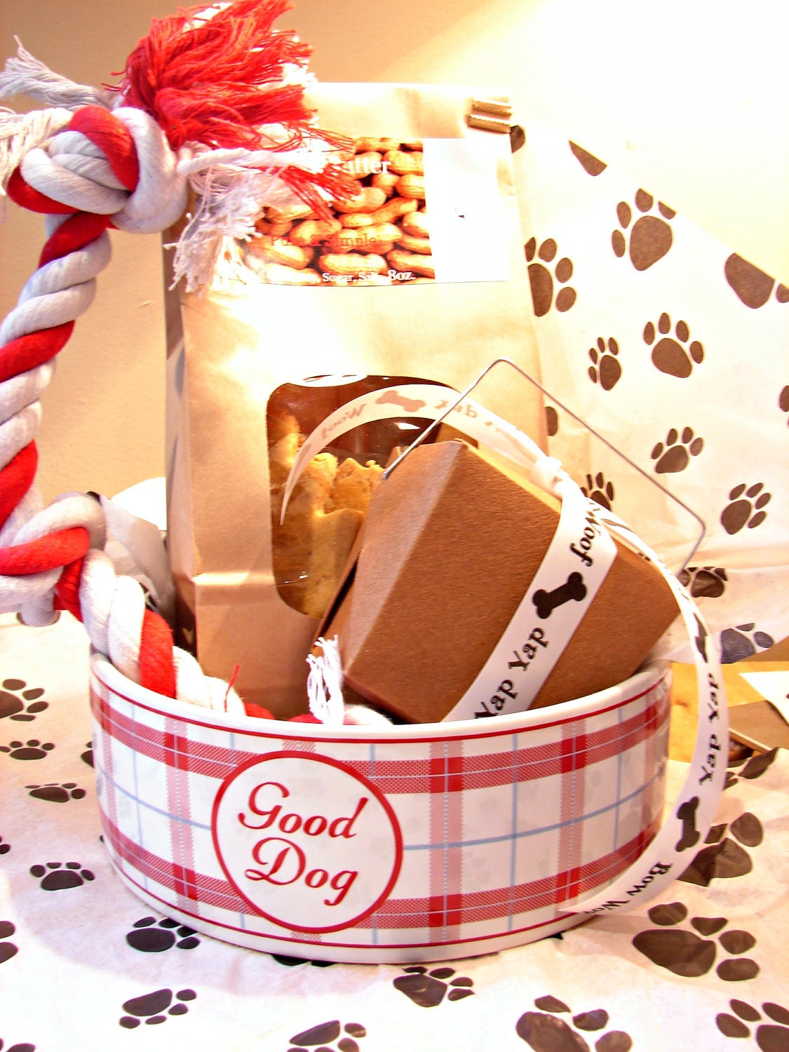 Puppy Dog Birthday Gift Baskets with Dog Toy, Dog Bowl, No-Wheat Dog Treats--Organic Too