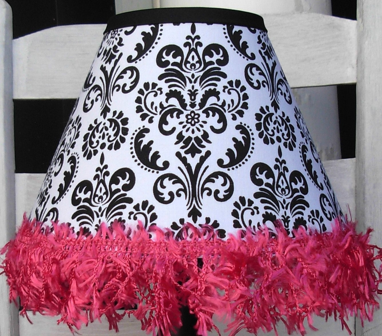 White Damask with Black Print Lamp Shade...Sassy Hot Pink Fringe