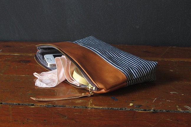 the 9-inch ZIPPER pouch. railroad denim and eco leather.