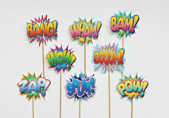 Vintage Super Hero Photo Booth Props. Shout Out Shout Outs on a Stick - Set of Eight