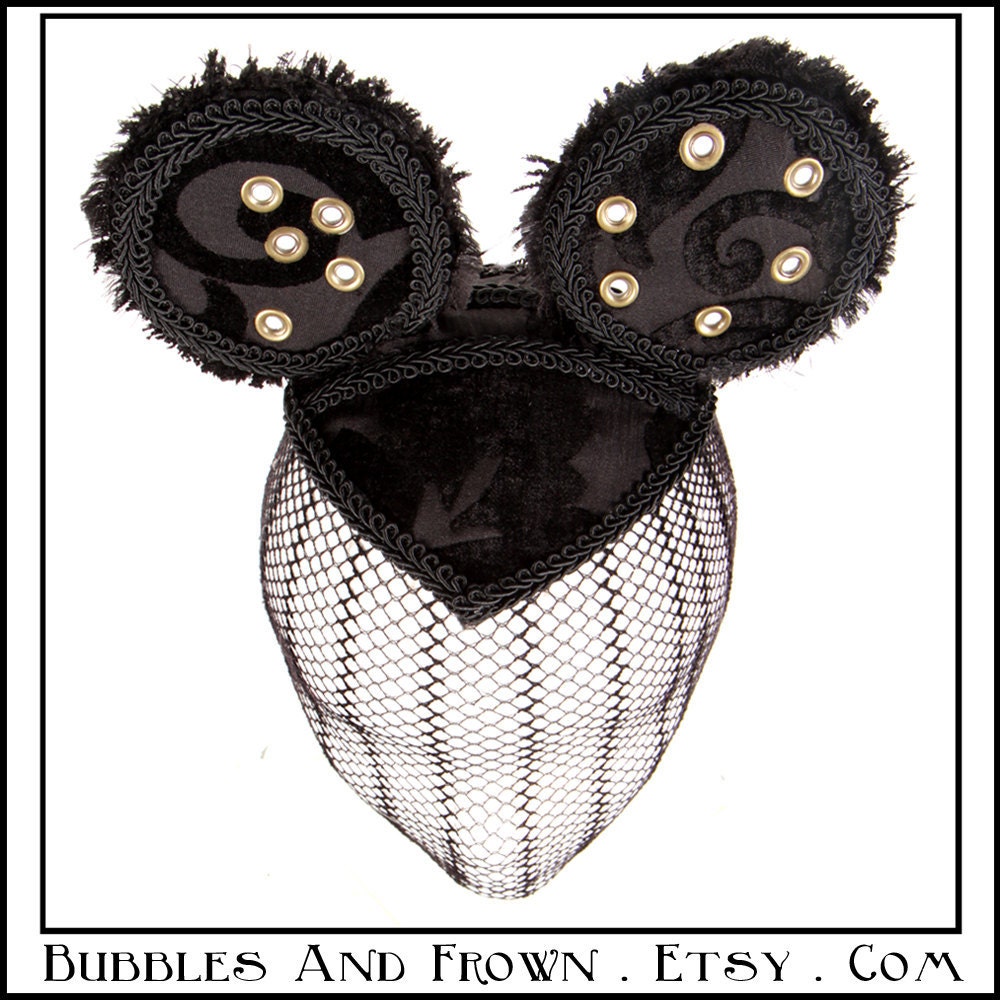 Tattered Black.. Mouse Ear Fascinator, Black with Brass Grommets