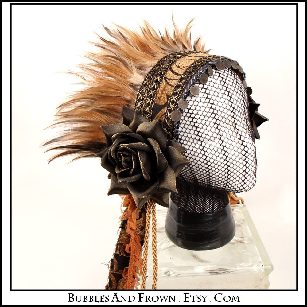 Decadent Earth...  Feather Headband in Brown and Black with Metallic Accents