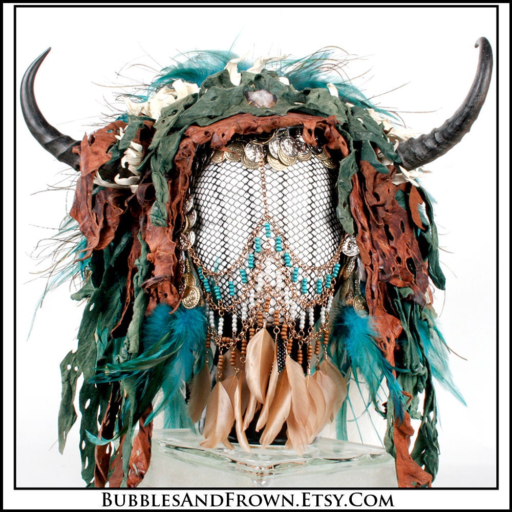 Wild Thing... Huge Feather Headdress in Aqua with Springbok Horns