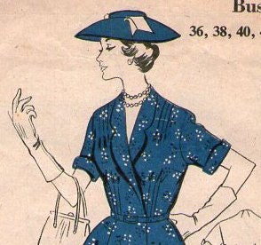 Fabulous 1950's or late 1940's Leach Way Patterns 14055 New Look style dress with fitted waist, full gored skirt, 38" bust