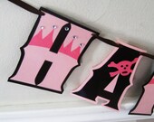 Clearance Sale Princess and Pirates HAPPY BiRTHDAY Banner  - baby pink tiaras and chocolate brown skulls