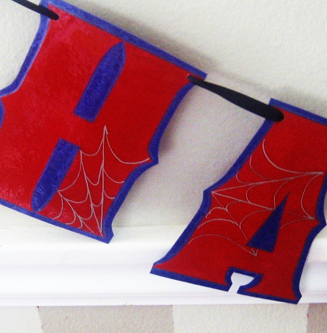 Spiderman HAPPY BiRTHDAY Banner - Red on Blue with Silver Spider Webs