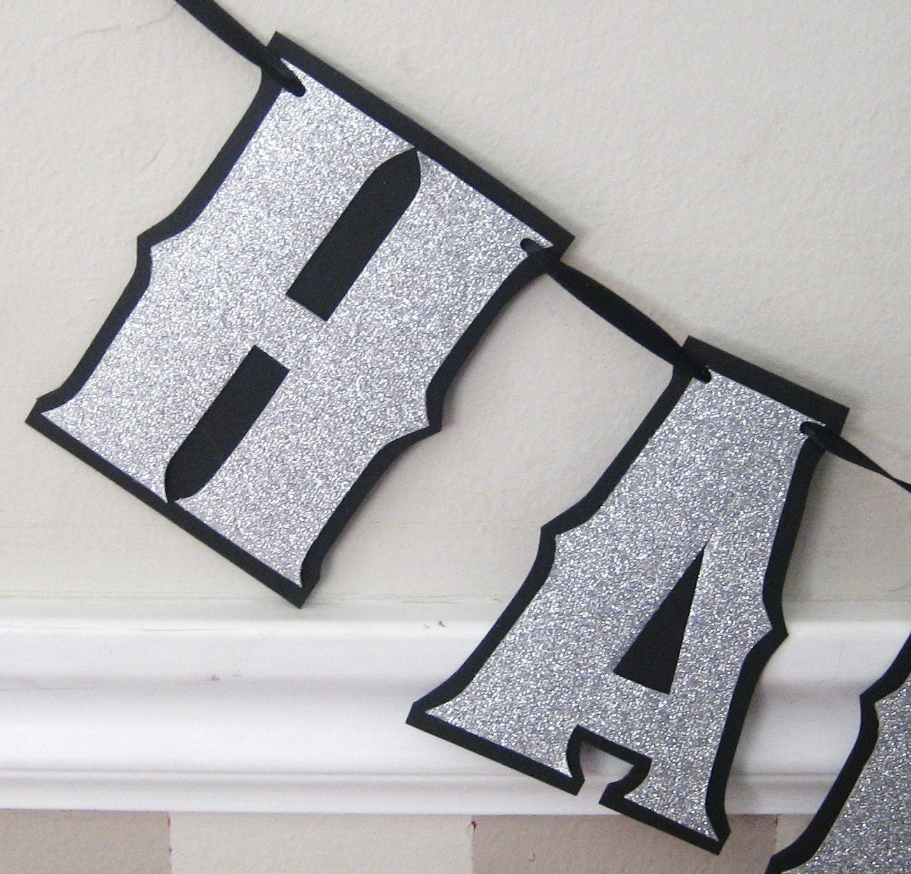 HAPPY BIRTHDAY Banner - Silver Glitter Sparkle on Black - Giant Size
